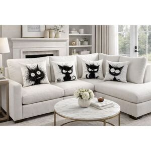 NWT Set of 4 Cushion / Pillows Covers  Black White Funny Cats w/ Zipper Closure